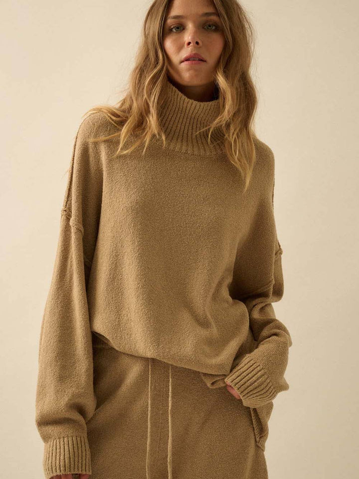 Harlow Mock-Neck Ribbed Knit Sweater in Sand — drop shoulder styling | Jayden P Boutique