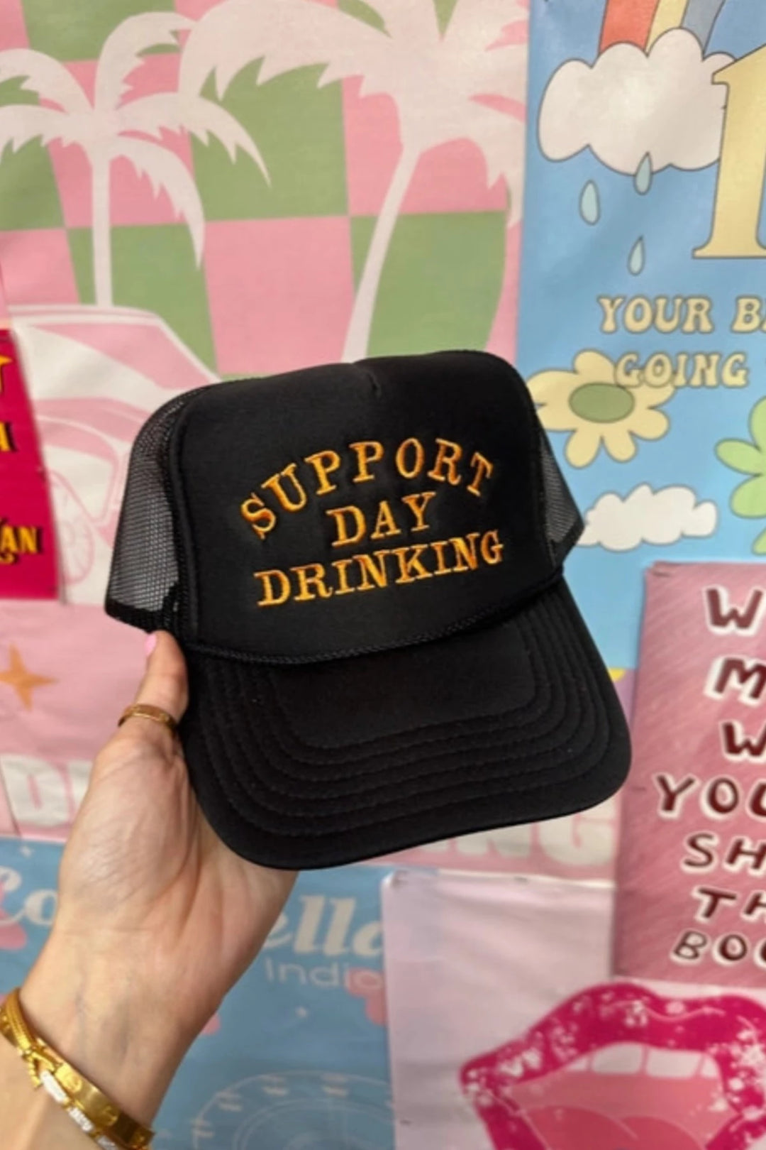 HAPPY HOUR SUPPORT DAY DRINKING TRUCKER HAT - BLACK