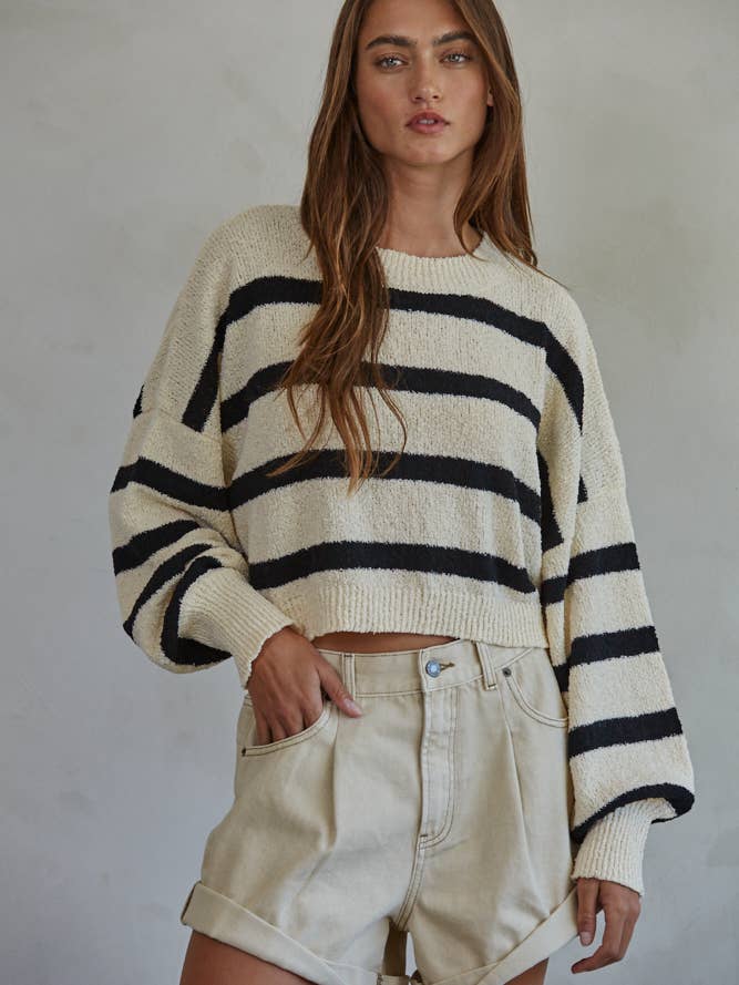 Aspen Striped Crewneck Knit Sweater in Natural Black | Jayden P Boutique