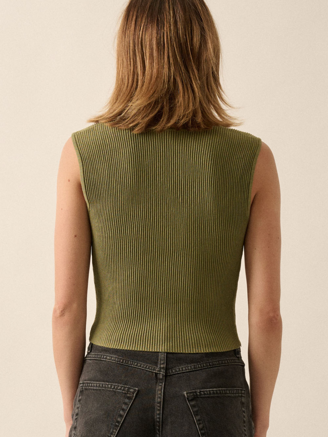 Sculpt Ribbed Square Neck Crop Tank in olive-green, back view on model, cropped sleeveless top.