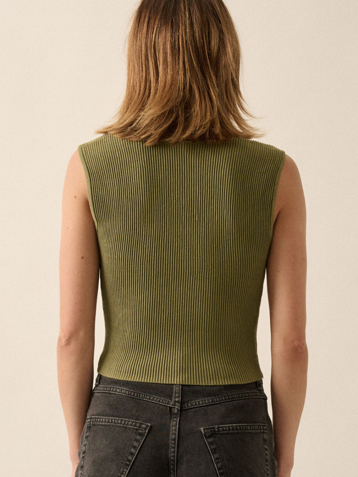 Sculpt Ribbed Square Neck Crop Tank in olive-green, back view on model, cropped sleeveless top.