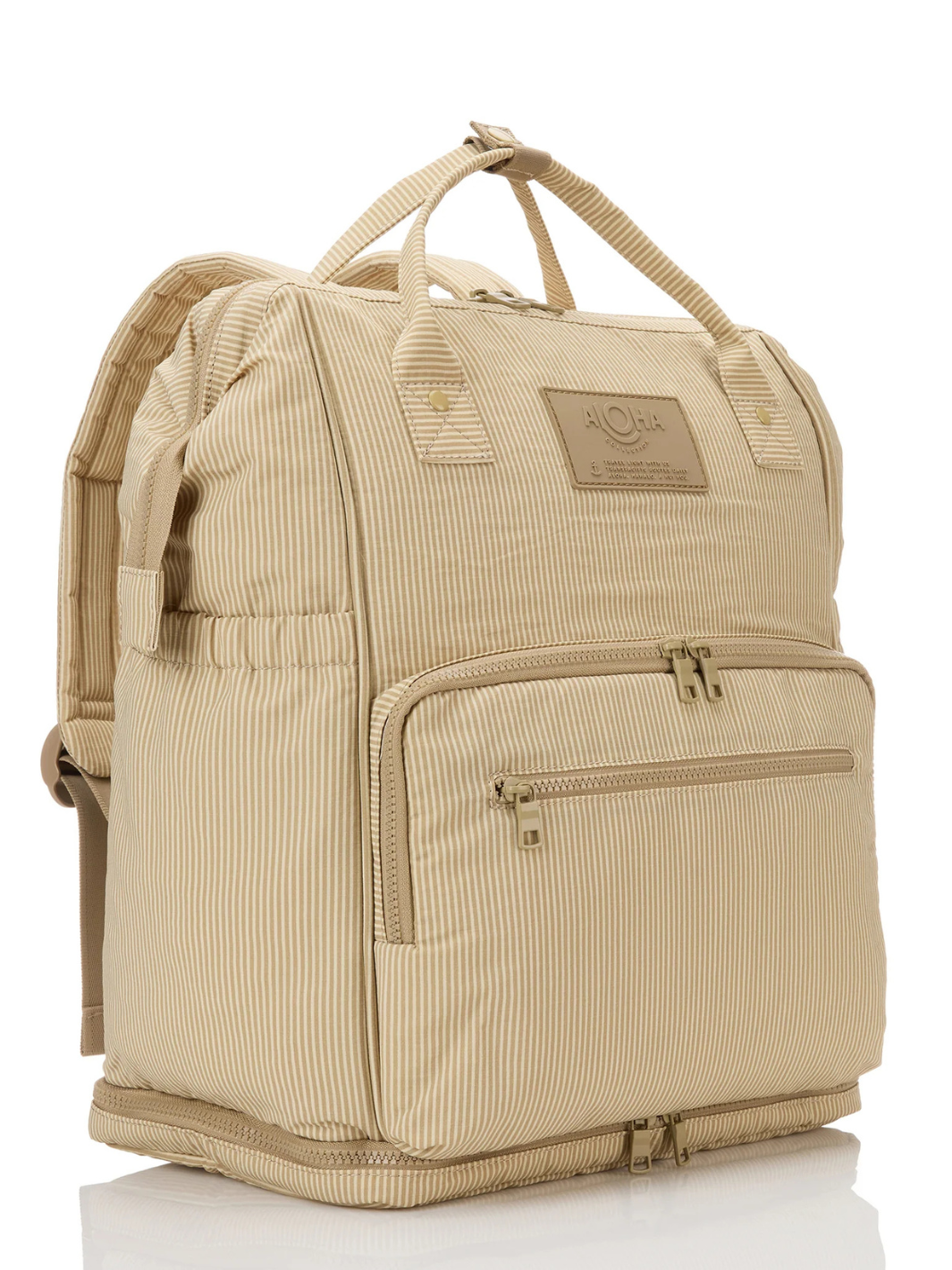 Le Bébé diaper backpack from ALOHA Collection in neutral beige stripes, lightweight with organized pockets.