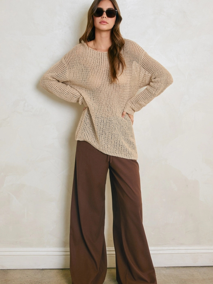 Sandcastle Open-Knit Pullover Sweater in Espresso Brown &amp; Natural Taupe on model with wide-leg brown pants.