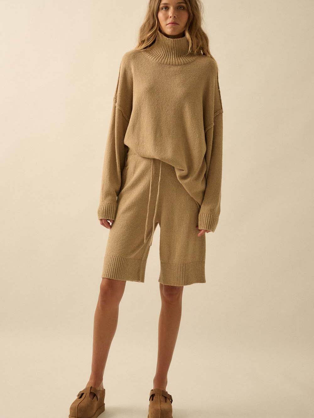 Harlow Mock-Neck Ribbed Knit Sweater in Sand — full outfit view | Jayden P Boutique