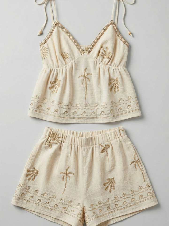 Palmetto Embroidered Pull-On Shorts and matching top in cream cotton with gold palm tree and wave embroidery.