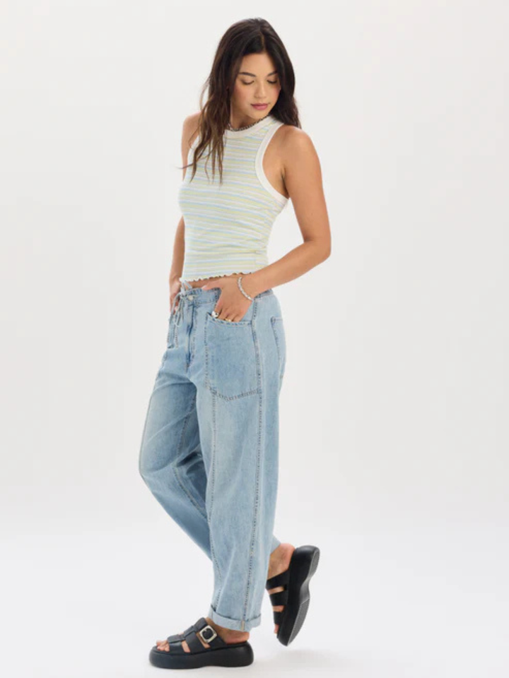 Daze Denim Villa Drawstring Barrel Leg Pant in light-wash denim, relaxed fit with drawstring waist.