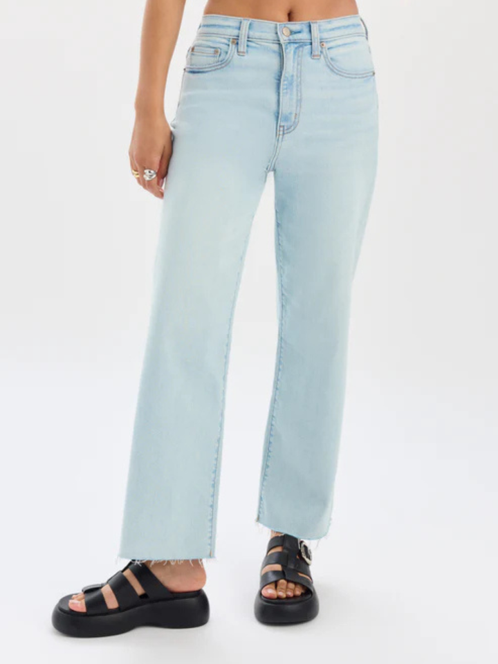 Daze Denim Pleaser high-rise wide-ankle jeans in light indigo with 11.5-inch rise.