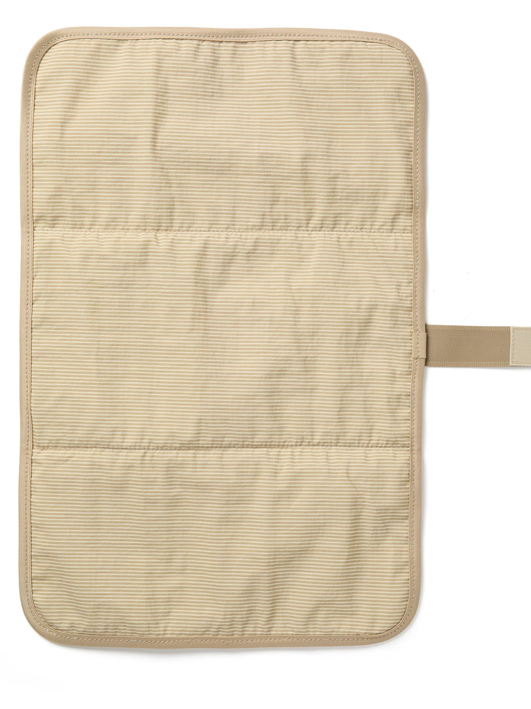 Le Bébé Diaper Backpack interior organizer in beige striped fabric with pockets and a strap.
