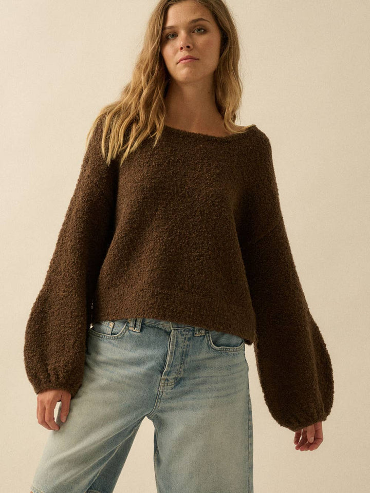 Blossom Bubble-Sleeve Knit Sweater in Chocolate | Jayden P Boutique