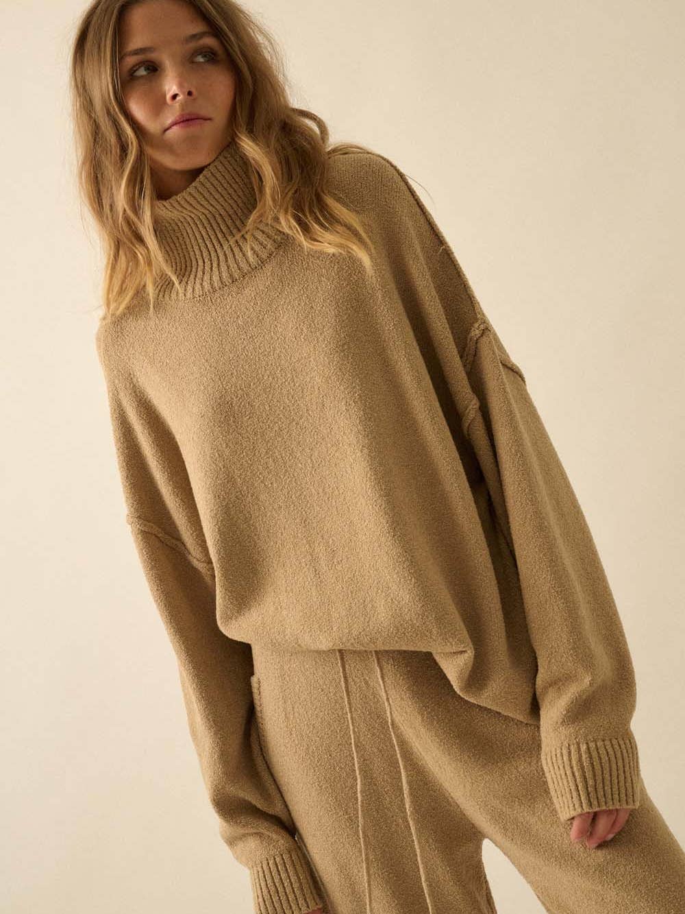 Harlow Mock-Neck Ribbed Knit Sweater in Sand — exposed-seam detail | Jayden P Boutique
