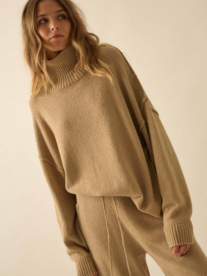 Harlow Mock-Neck Ribbed Knit Sweater in Sand — exposed-seam detail | Jayden P Boutique