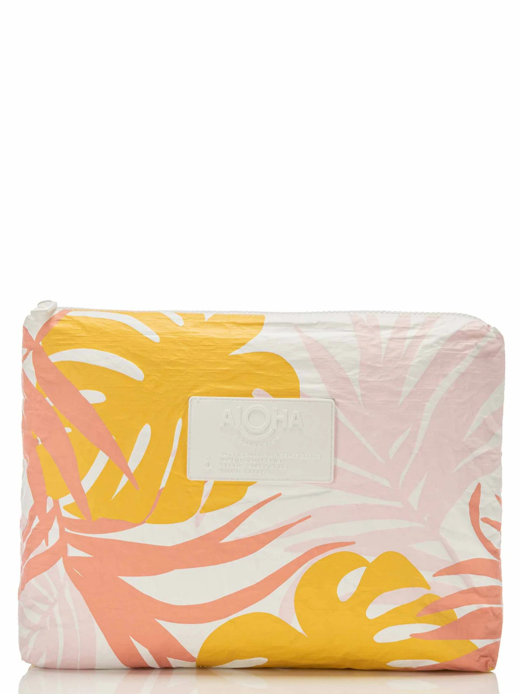 ALOHA COLLECTION Tropics print on pastel pink-yellow splash-proof pouch with palm leaves.