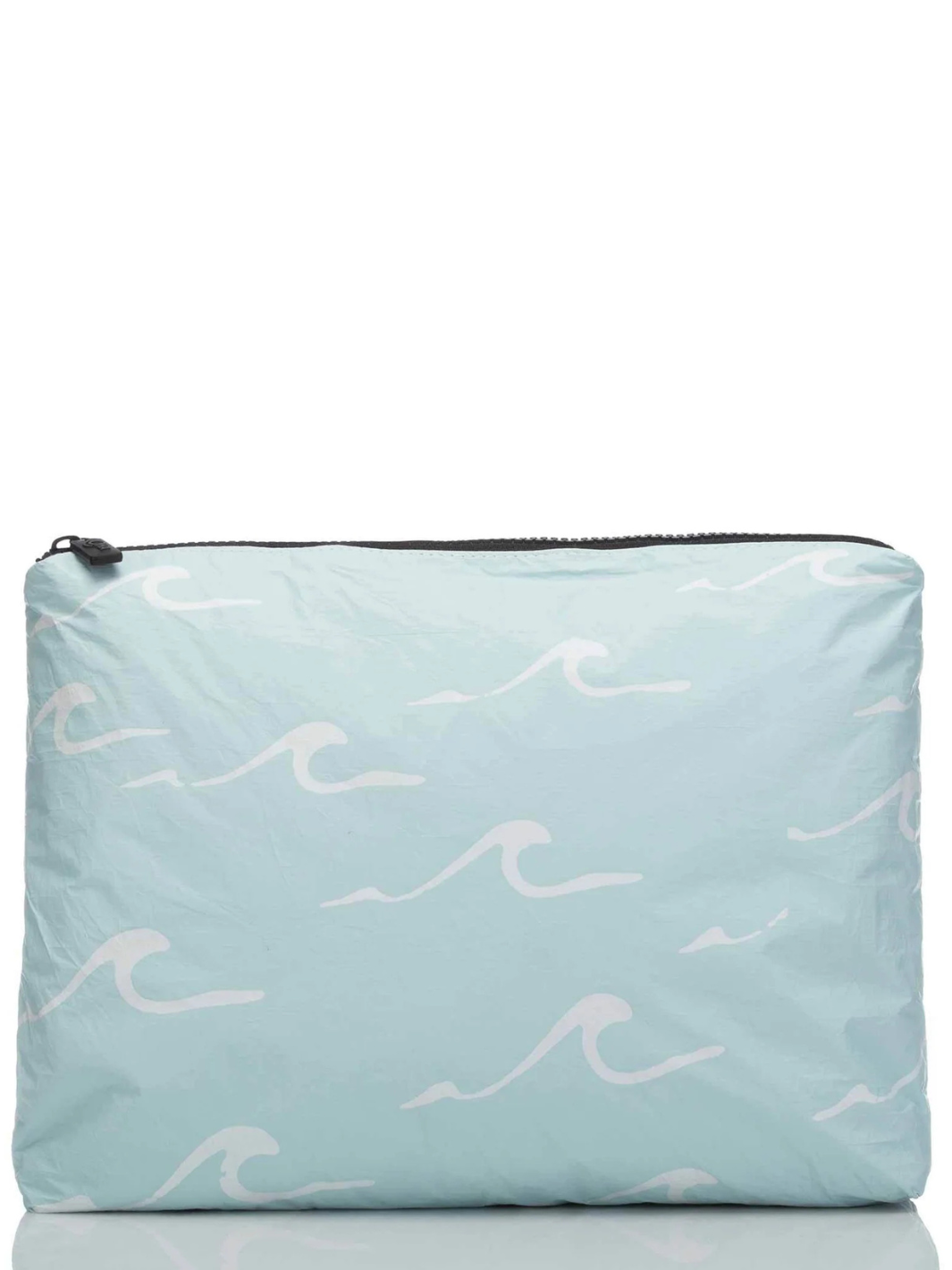 Light blue zip pouch with white wave pattern from ALOHA COLLECTION Seaside Bag Collection, Cardiff-inspired.