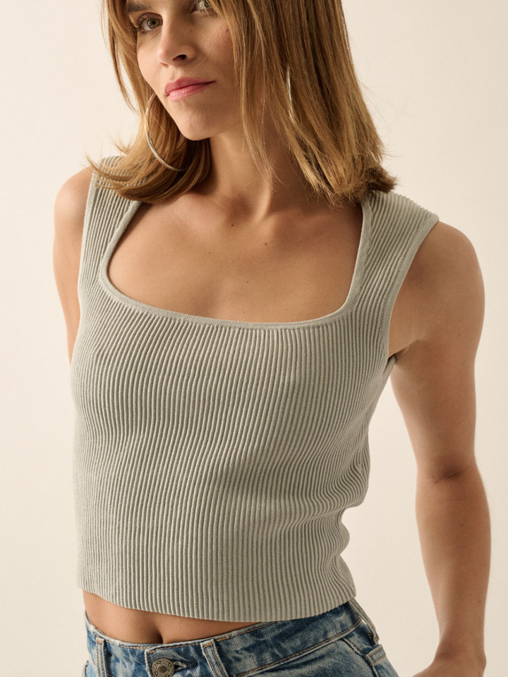Sculpt Ribbed Square Neck Crop Tank in sage, cropped ribbed knit top on model.