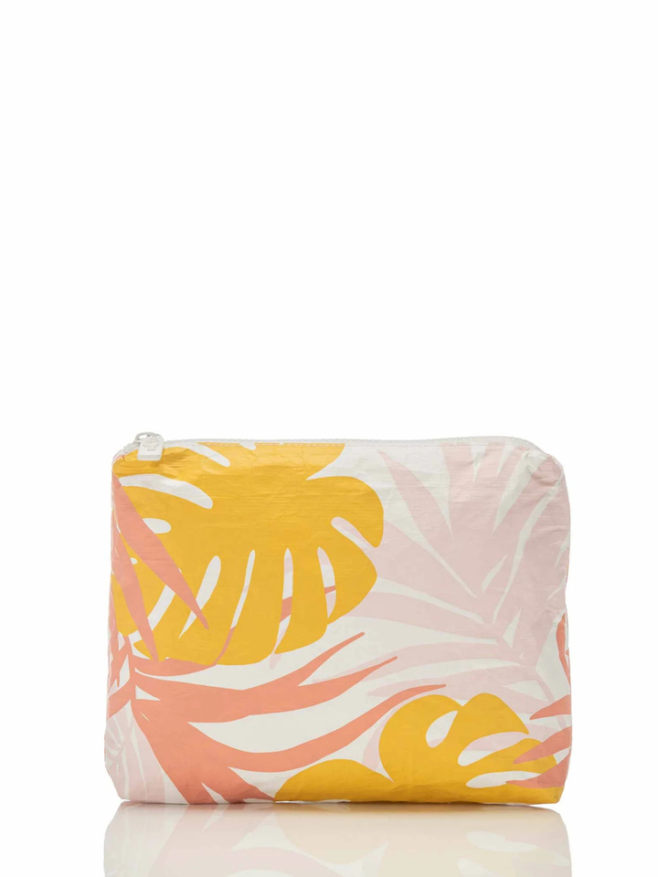 Tropics print zip pouch in yellow and pink palm-leaf design from ALOHA Collection.