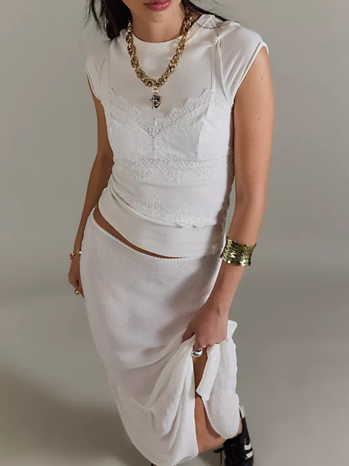 FREE PEOPLE Ever Had Tee: slim white ribbed knit tee with raised seams, cap-inspired sleeves, hip-length.