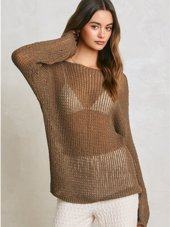 Sandcastle Open-Knit Pullover Sweater in Espresso Brown and Natural Taupe, textured, easy layering.