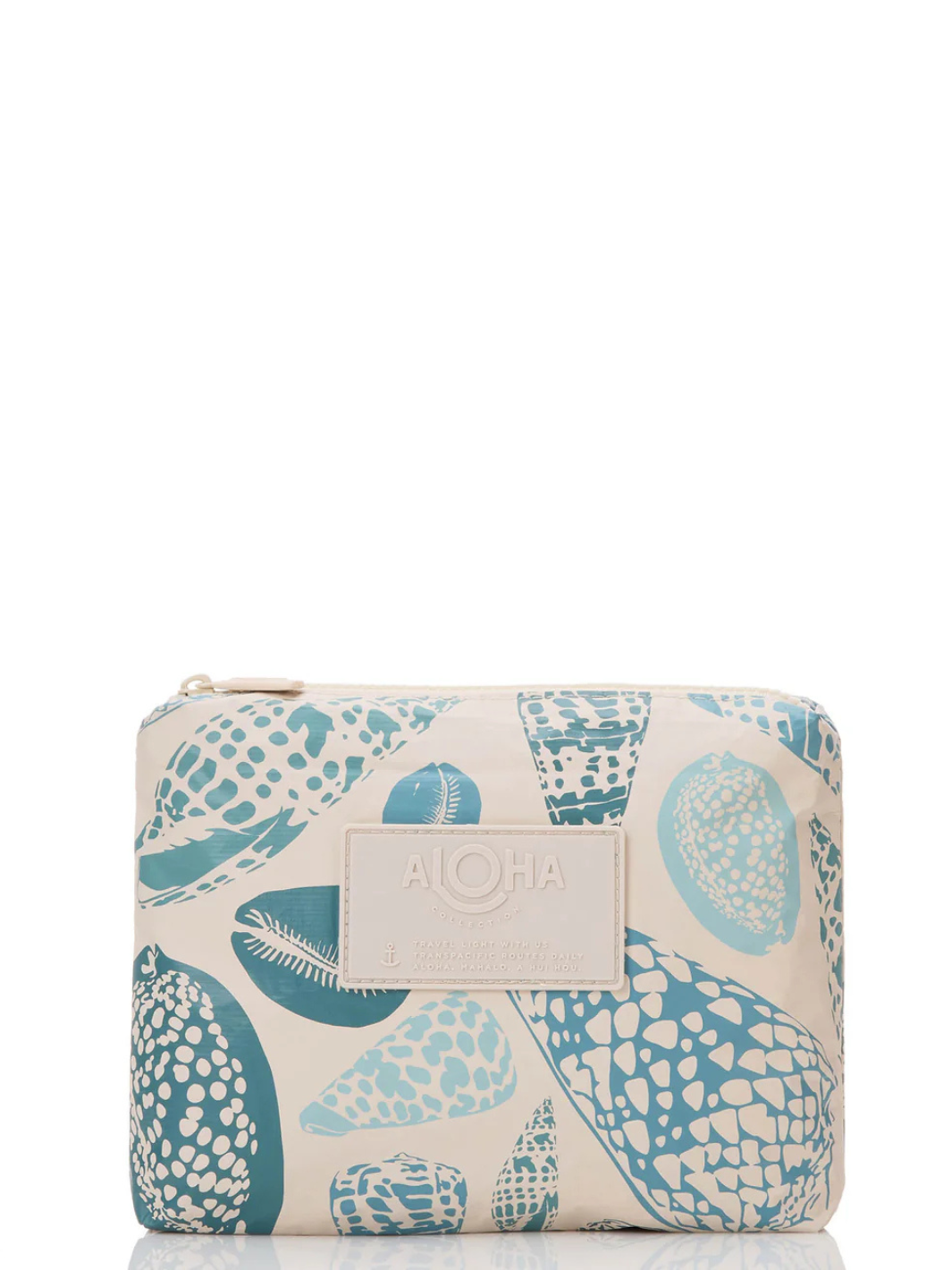 ALOHA Collection Shoreline bag featuring teal seashell print and front embossed ALOHA patch.