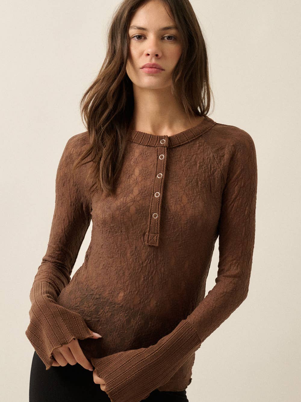 Sloane Floral Lace Henley Top in Chocolate — front view of fitted sheer lace long sleeve henley | Jayden P Boutique