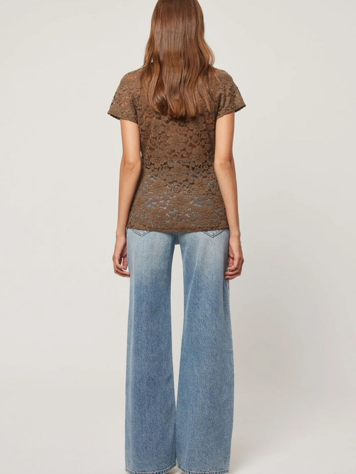 Stylish ROLLAS - Sailor Scoop Jeans showcased with a chic lace top for a trendy look. Perfect for any occasion.