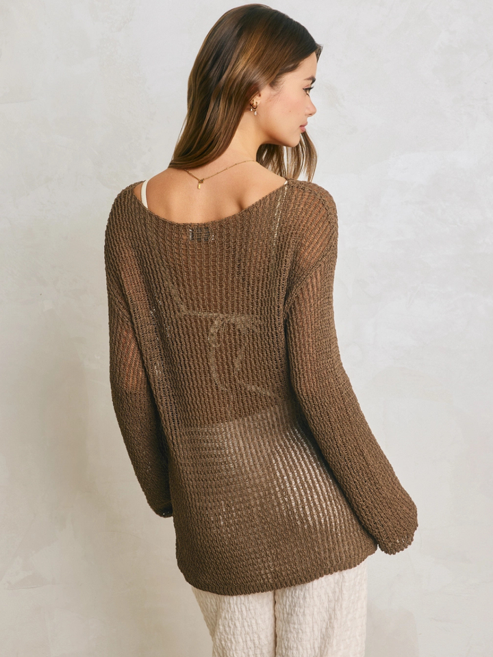 Sandcastle Open-Knit Pullover Sweater in Espresso Brown on a model, back view shows textured knit.