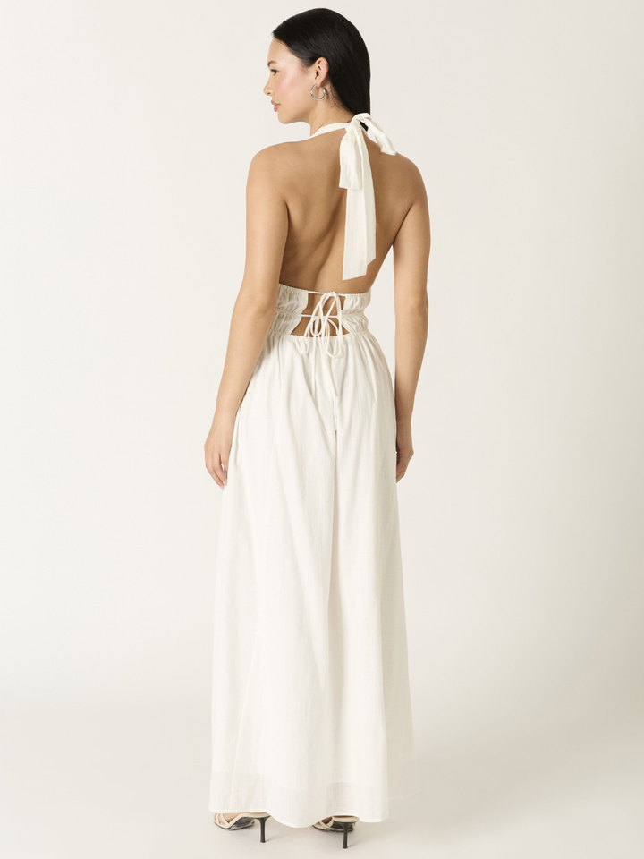 White Soleil Plunge Halter Maxi Dress, halter neck tie, open back with lace-up waist.