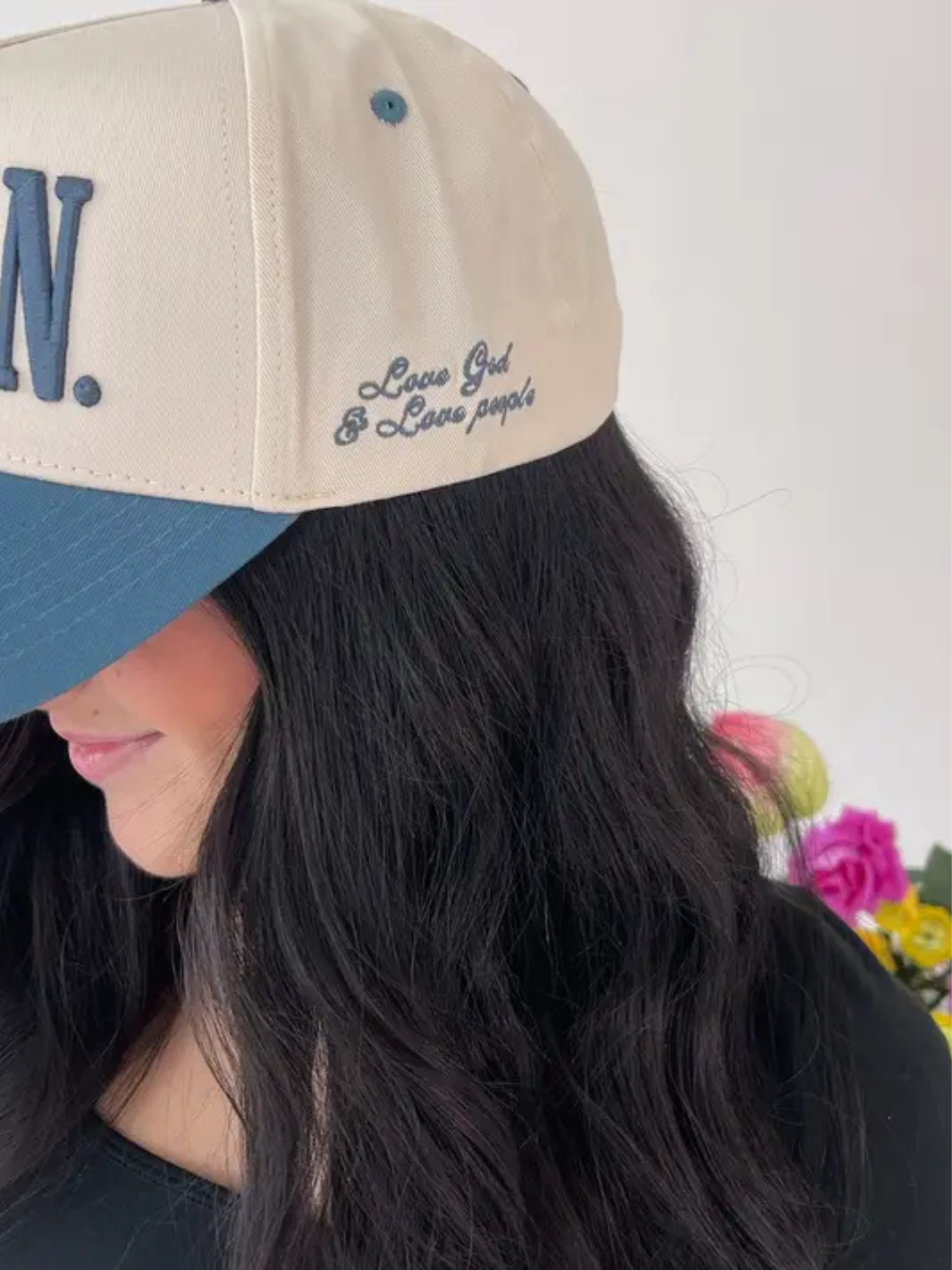 Amen.- Slate Blue Vintage Trucker Hat with blue 3D puff embroidery on the front and "Love God & Love People" on the side