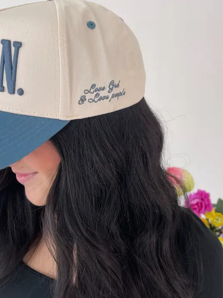 Amen.- Slate Blue Vintage Trucker Hat with blue 3D puff embroidery on the front and "Love God & Love People" on the side
