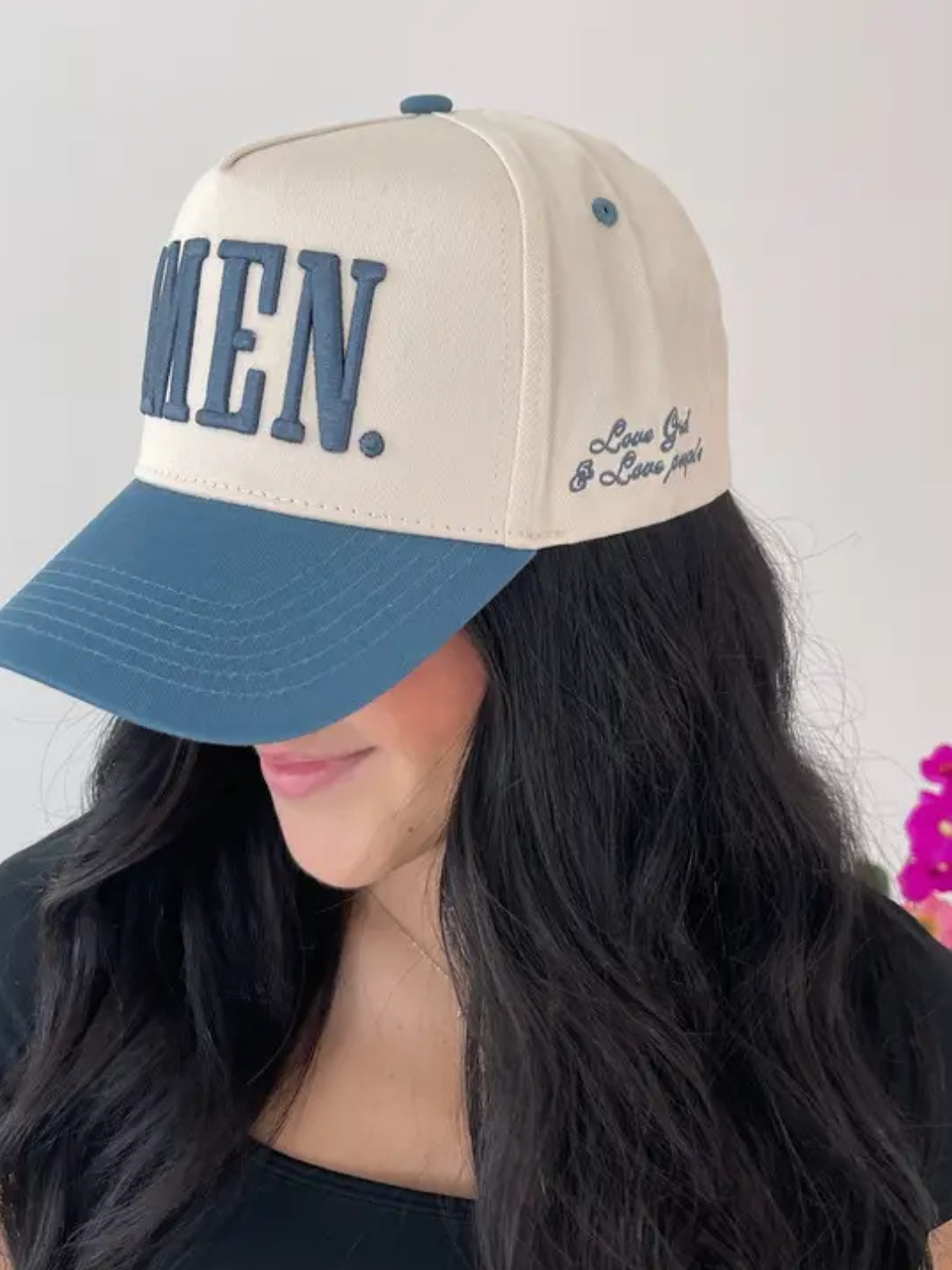 Amen. slate blue vintage trucker hat with bold 3D AMEN embroidery on cream front and Love God & Love People on side.