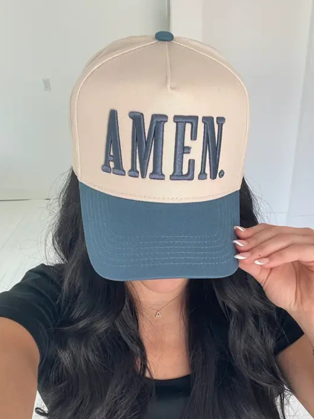 Amen.- Slate Blue Vintage Trucker Hat with 3D puff blue AMEN embroidery on beige crown and blue brim.