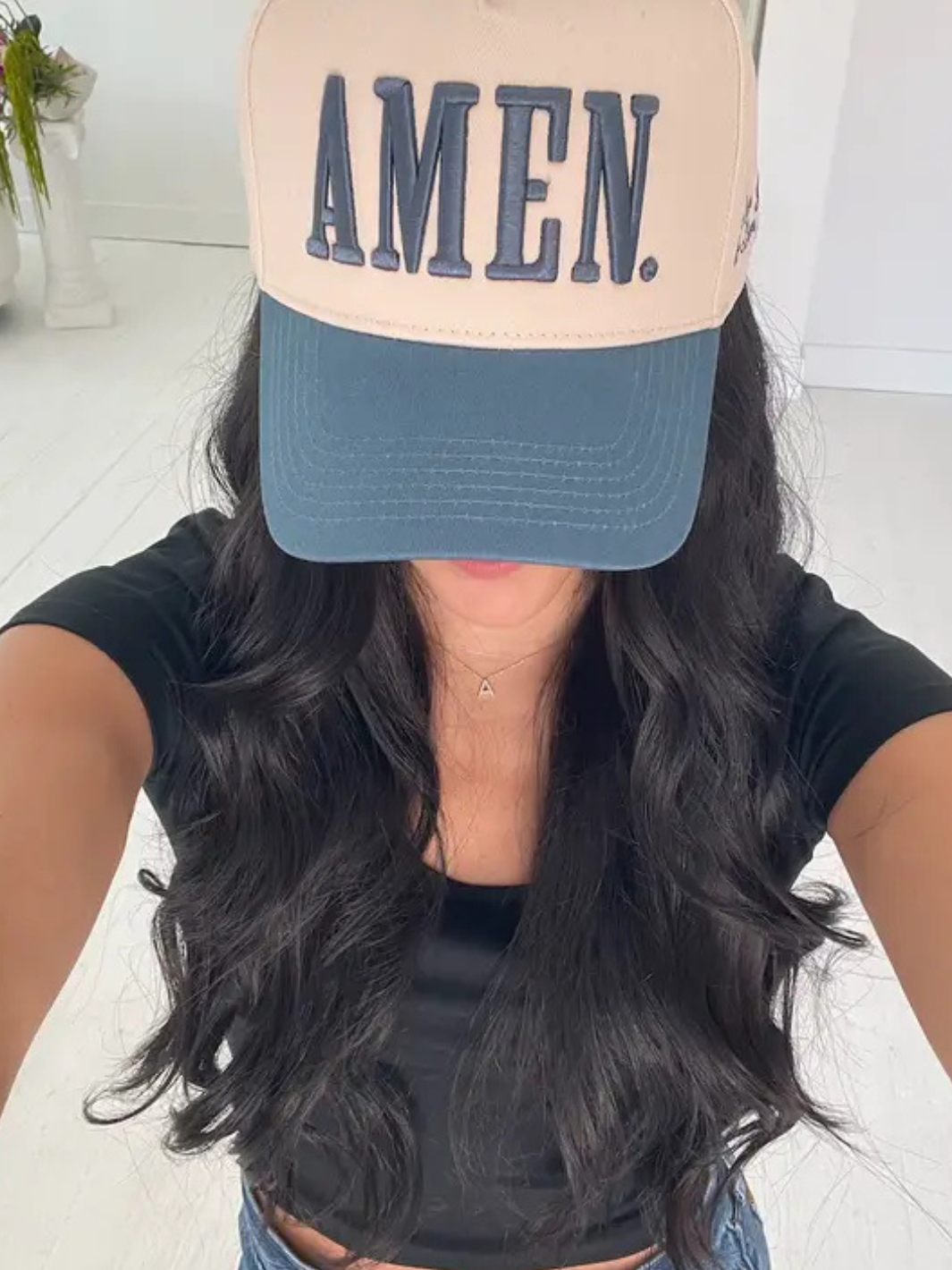 Amen.- Slate Blue Vintage Trucker Hat with 3D puff AMEN. on beige front and Love God & Love People on side