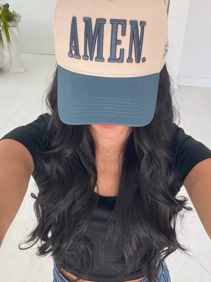 Amen.- Slate Blue Vintage Trucker Hat with 3D puff AMEN embroidery and Love God & Love People on the side.