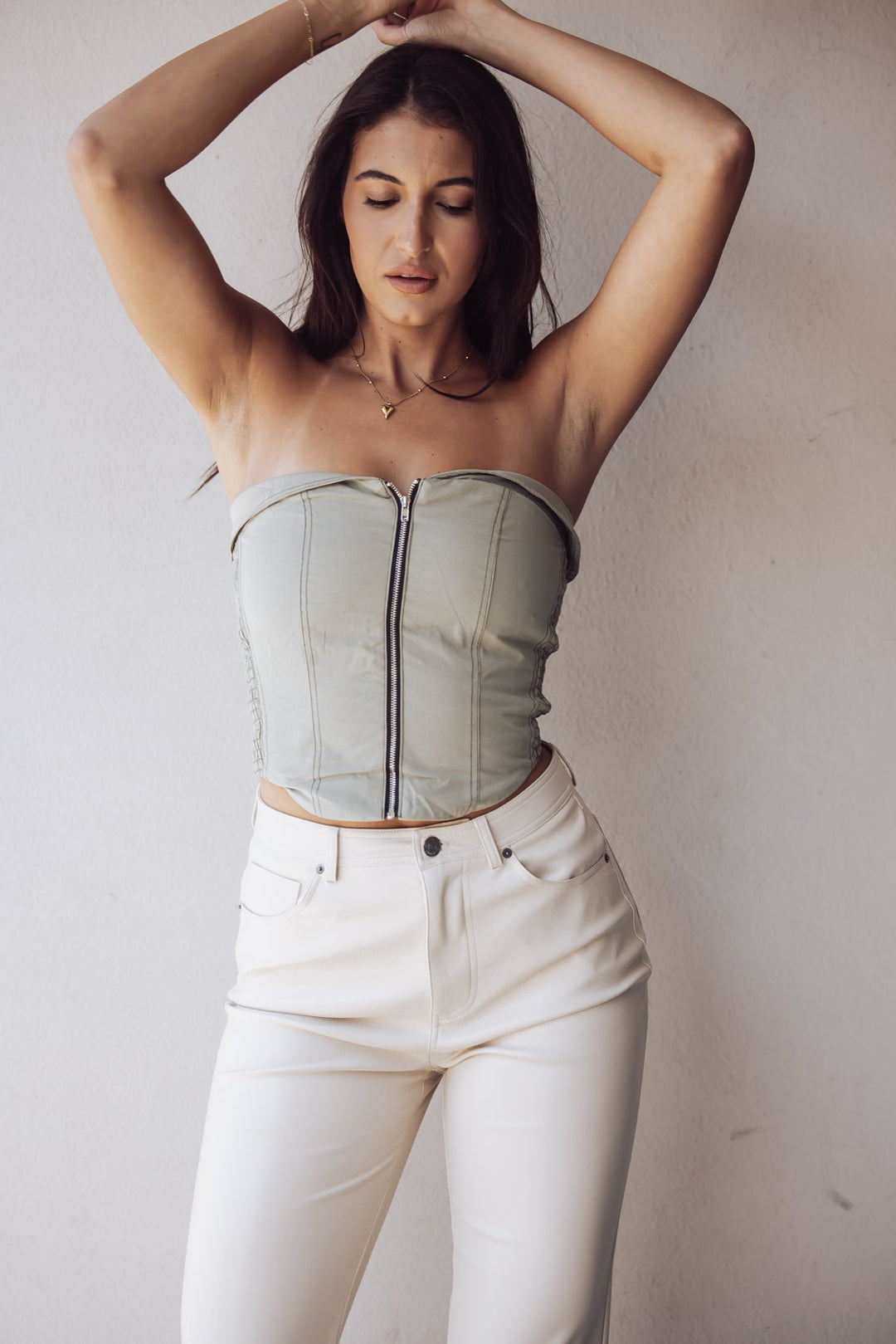 Annie Contrast Front Zipper Bustier - Olive