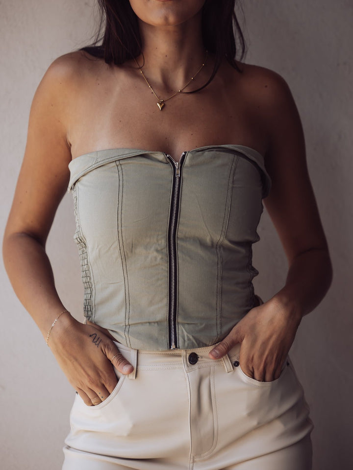 Annie Contrast Front Zipper Bustier - Olive