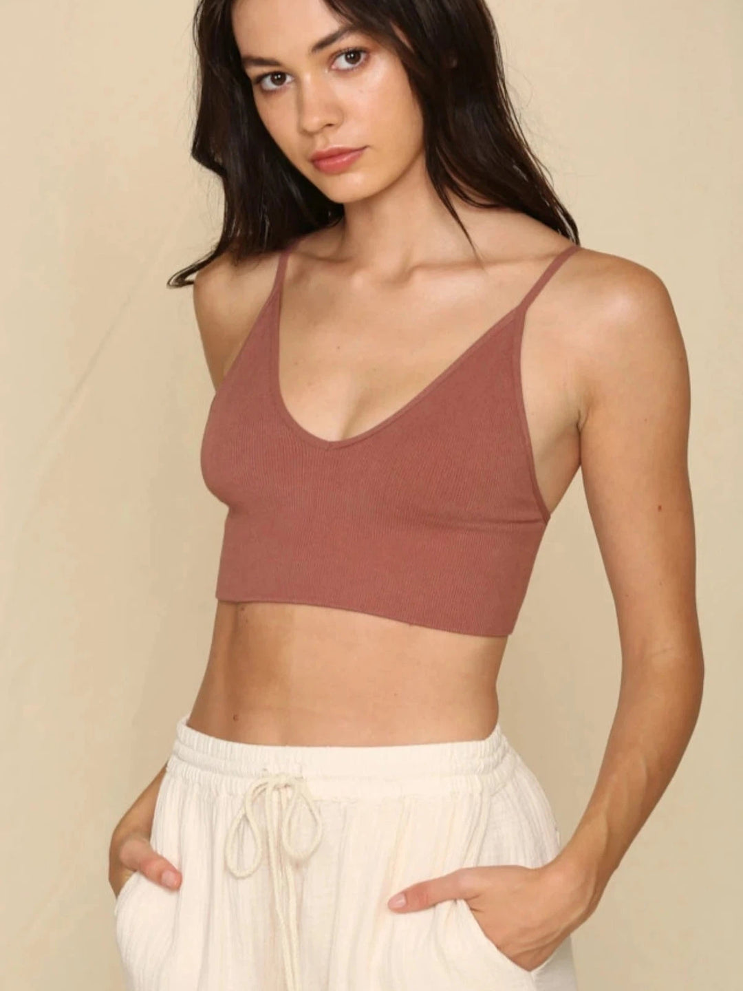 Jayden P Boutique - Brami Ribbed V-Neck Bra Top - Cocoa - SMALL/MEDIUM