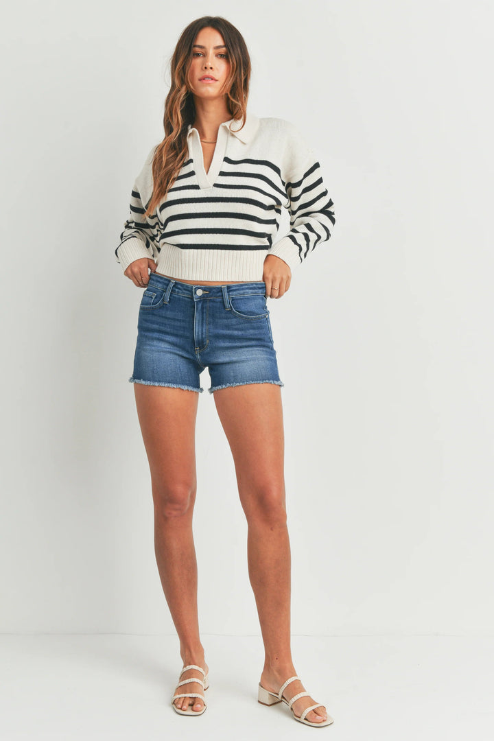 CHABOT HIGH RISE DISTRESSED DENIM SHORTS - MEDIUM DENIM-JBD-Jayden P Boutique