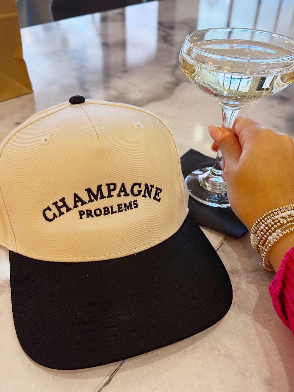 Champagne Problems Hat, Trucker Hat for Women, Statement Caps, Cool Girl Aesthetic Accessories, Beige and Black Hats, Wine Lover Gifts, Casual Street Style, Embroidered Hats.