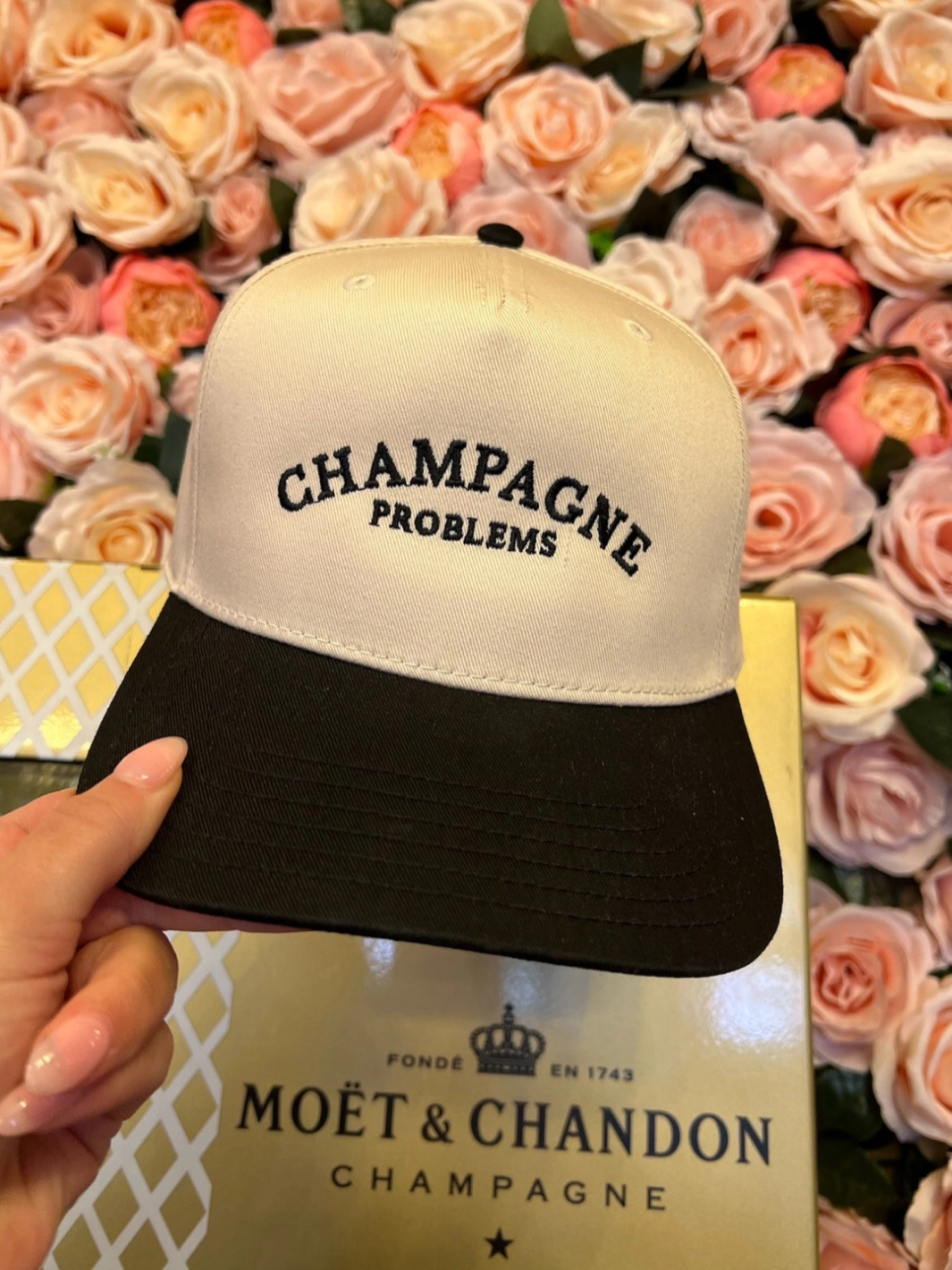 Champagne Problems Hat, Trucker Hat for Women, Statement Caps, Cool Girl Aesthetic Accessories, Beige and Black Hats, Wine Lover Gifts, Casual Street Style, Embroidered Hats.