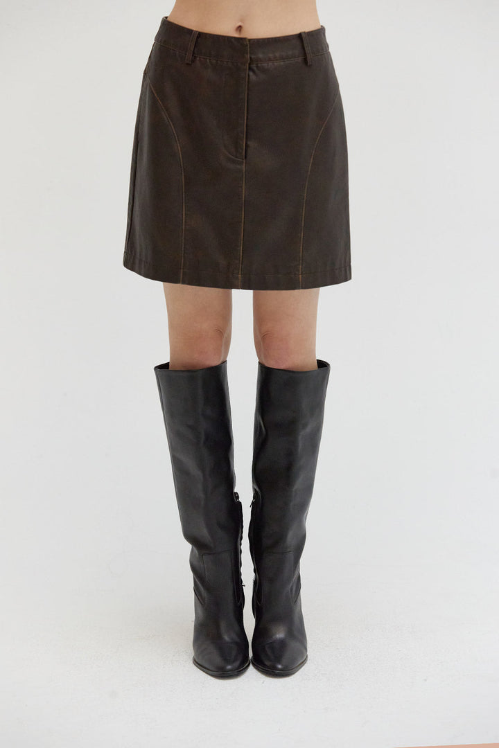 Cleo Distressed Vegan Leather Mini Skirt