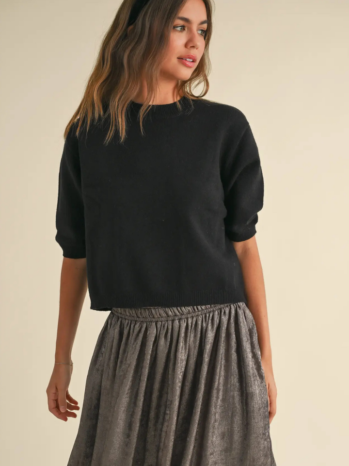 Cleo ribbed knit short-sleeve sweater top in black, crew neck, on model with metallic skirt.