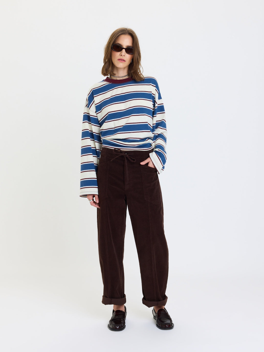 Daze Denim Villa Corduroy Barrel Pants in Chocolate — front view with cuffed hem, relaxed tapered barrel leg | Jayden P Boutique