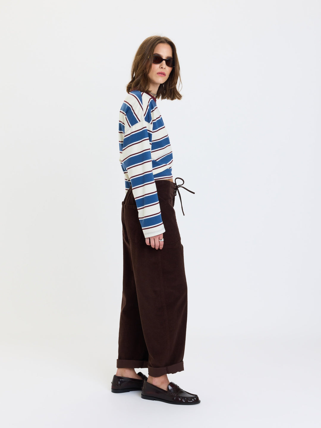 Daze Denim Villa Corduroy Barrel Pants in Chocolate — side view showing drawstring waist and barrel shape | Jayden P Boutique