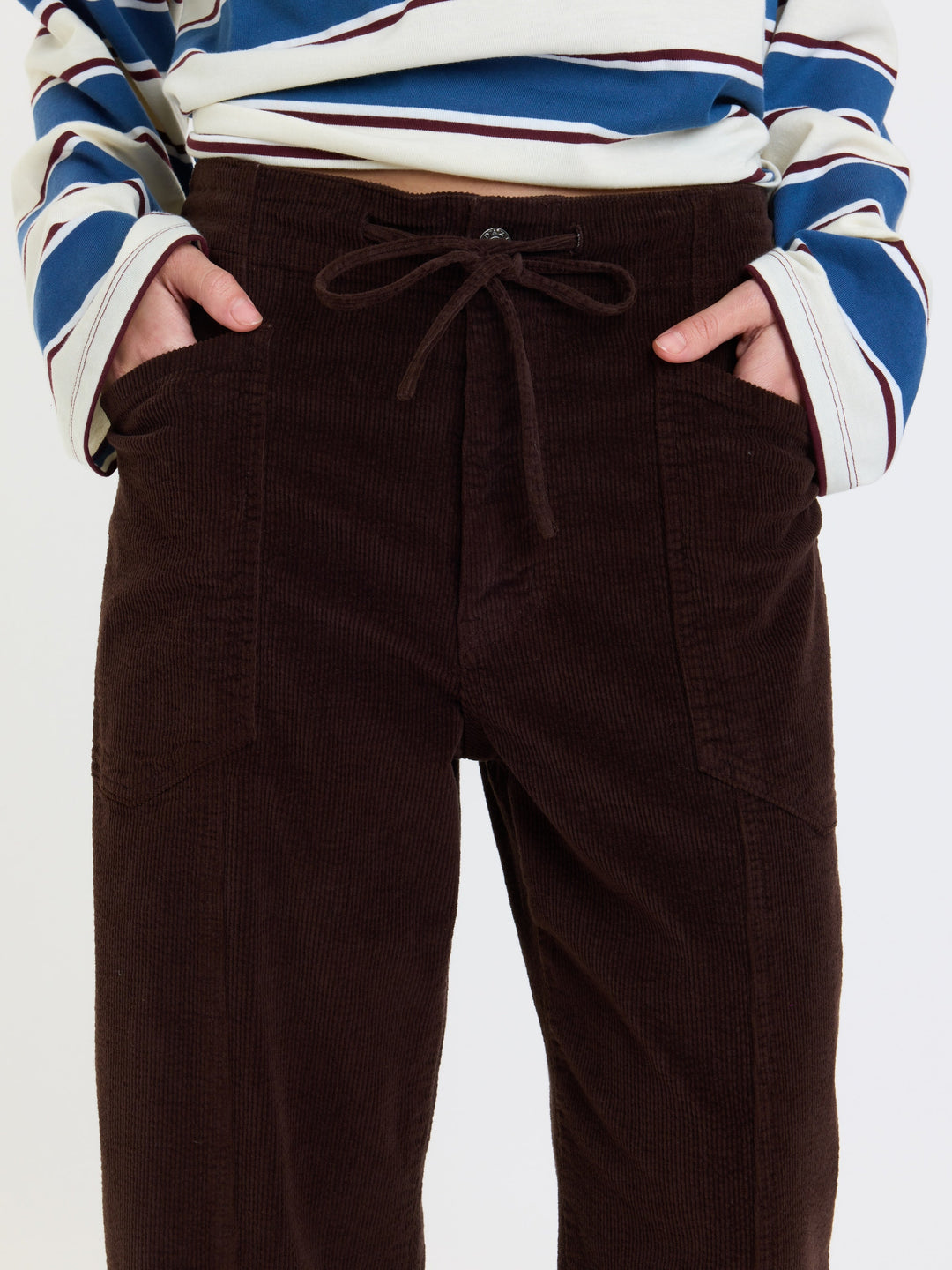 Daze Denim Villa Corduroy Barrel Pants in Chocolate — detail of tie drawstring waist and corduroy texture | Jayden P Boutique