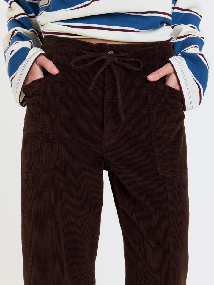 Daze Denim Villa Corduroy Barrel Pants in Chocolate — detail of tie drawstring waist and corduroy texture | Jayden P Boutique