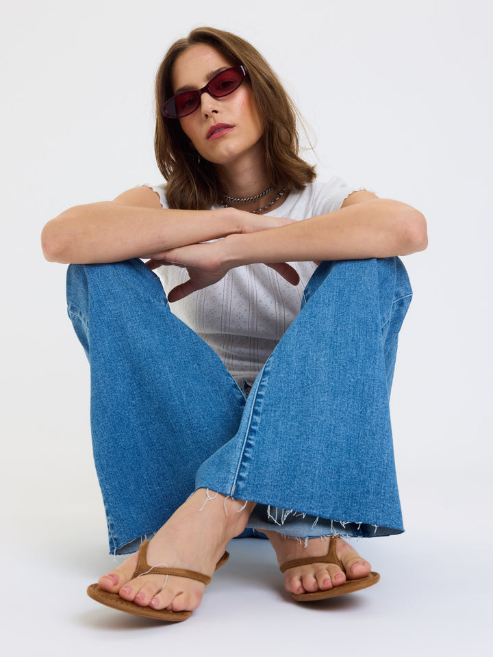 Daze Denim The Lowkey Low-Rise Flare Jeans in First Crush — Back View Denim Detail | Jayden P Boutique