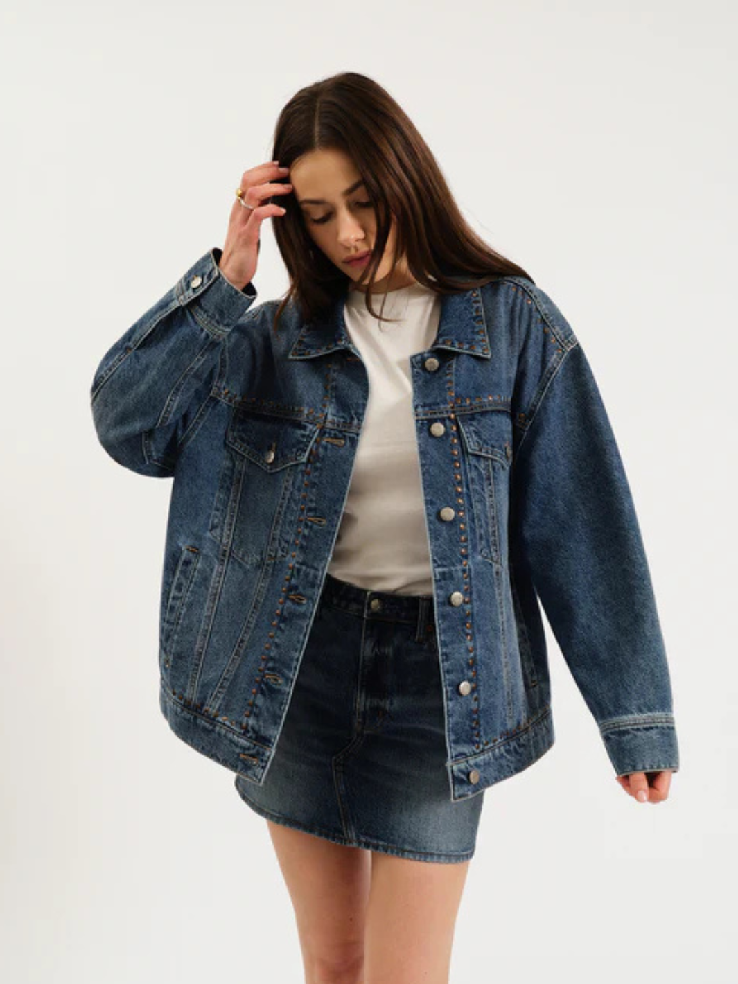 DAZE DENIM - Beau Boyfriend Jacket oversized denim jacket on model with white tee and denim mini skirt