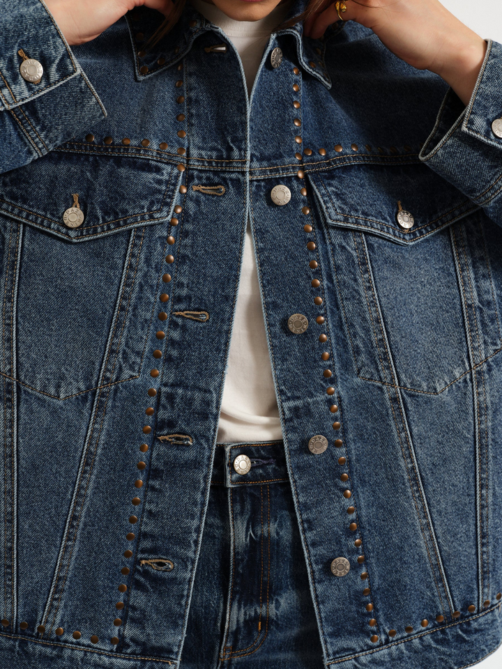 DAZE DENIM - Beau Boyfriend Jacket oversized blue denim with brass studs, worn over white tee