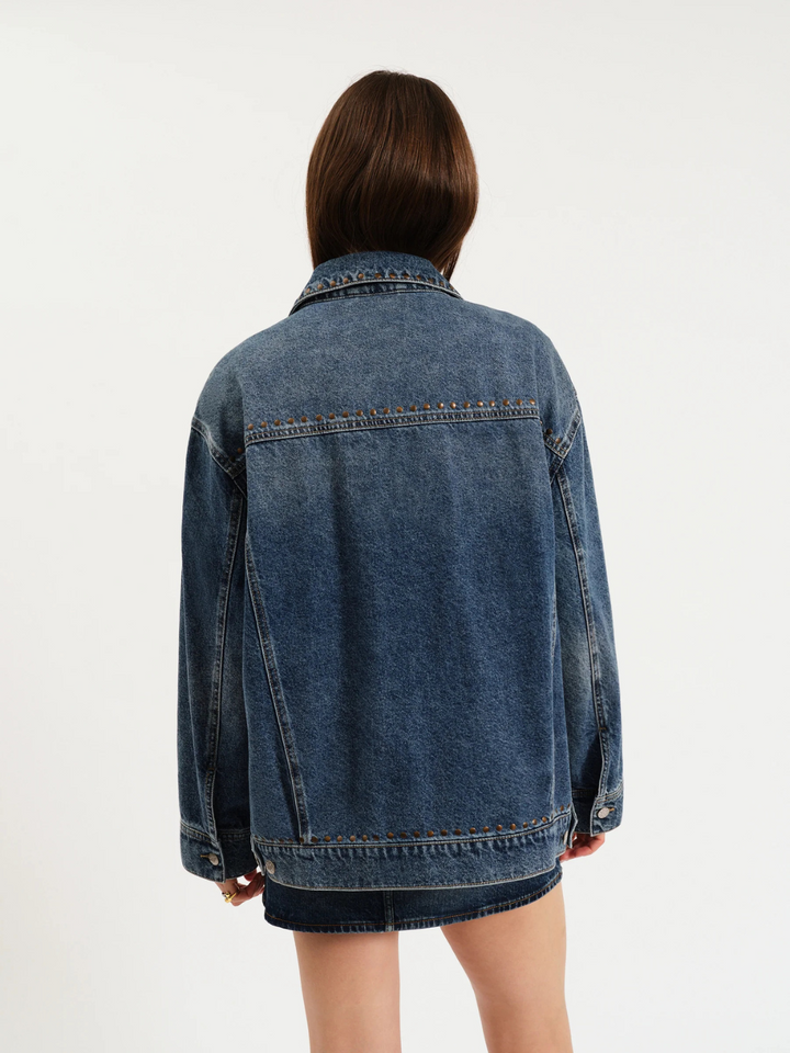 DAZE DENIM - Beau Boyfriend Jacket back view on model, oversized dark wash denim with stud trim and relaxed fit