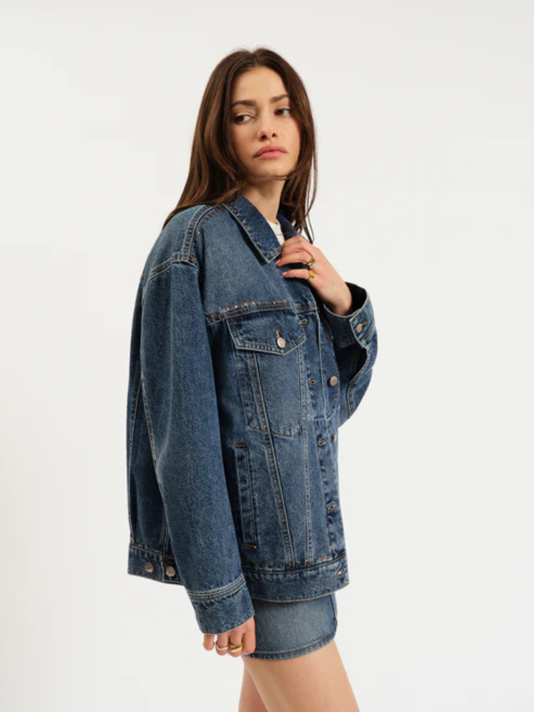 DAZE DENIM - Beau Boyfriend Jacket on model, oversized blue denim jacket with relaxed boyfriend fit and studded trim