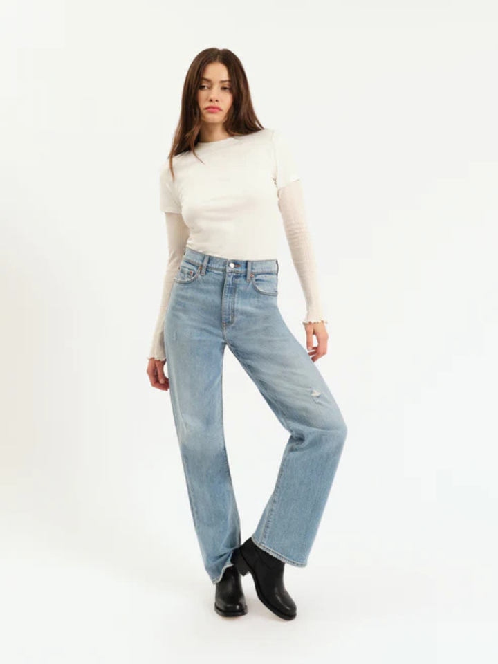 DAZE DENIM City Straight high-rise straight-leg jeans in light wash on a model.